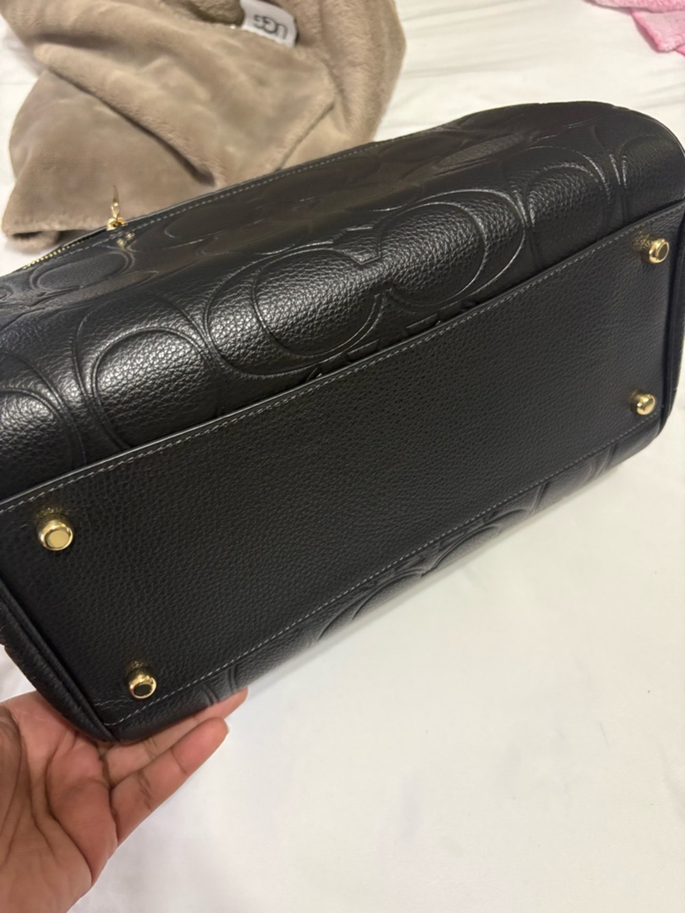 Coach Black Embossed Signature Leather Satchel with Gold HardwareLarge Rowan - Picture 4 of 6